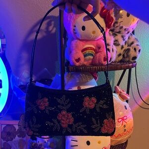 Floral Beaded Black Handbag